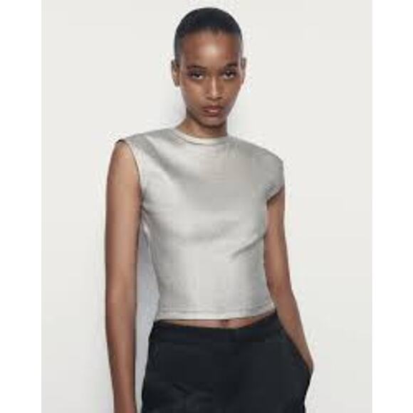 Zara Silver Foil Rib Open Back T-Shirt - Size S - Picture 6 of 7